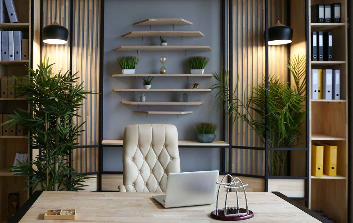Modern Office Rooms with elegant desk setup, plants, shelves, and professional workspace design for productivity